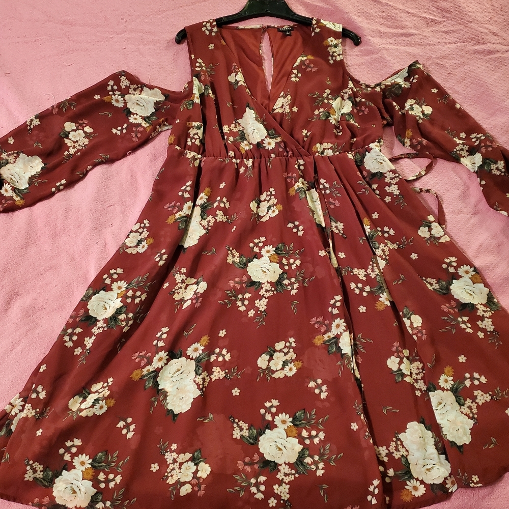 Torrid Red Floral Cold Shoulder Chiffon Wrap Dress